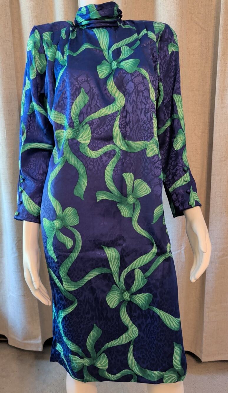 VTG Gay Boyer Collection Blue Green Ribbon Shift Dress High Neck Long Sleeve 12